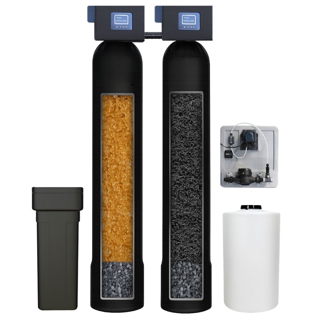 Elevate Filtration whole home system: brine tank, softening tank, carbon filtration tank and control head