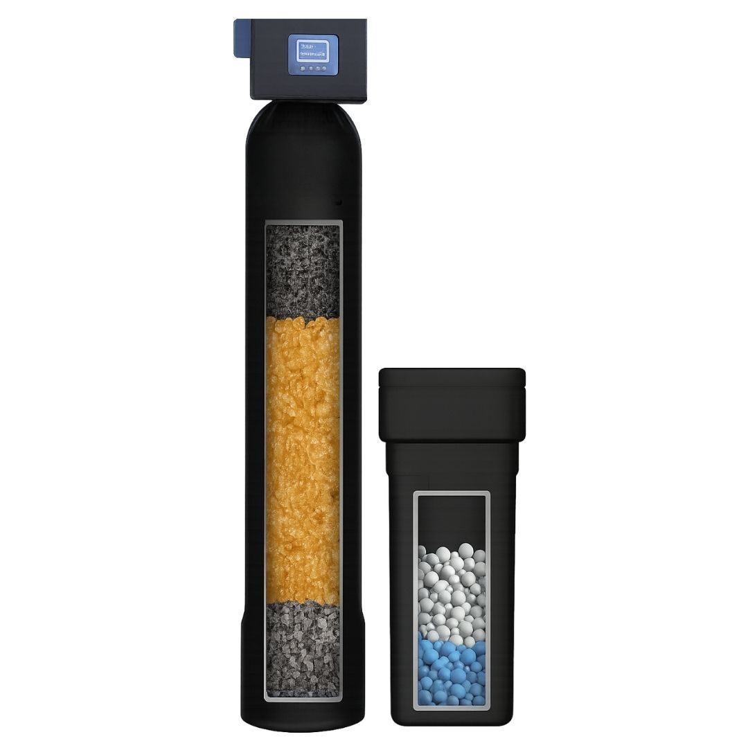 Cutaway of a filtration tank showing carbon, softening resin and polishing gravel in layers
