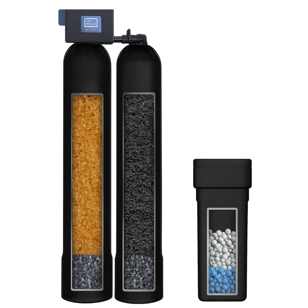 Whole home softener and filtration tanks with the media visible and the pre-filter alongside